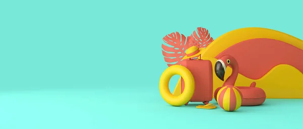 Férias de verão fundo tropical com mala e flamingo. Renderização 3D — Fotografia de Stock