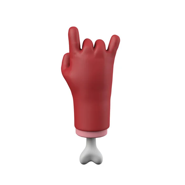 Karikatura červený ďábel halloween rock znamení usekl ruku s kostí. 3D vykreslování — Stock fotografie