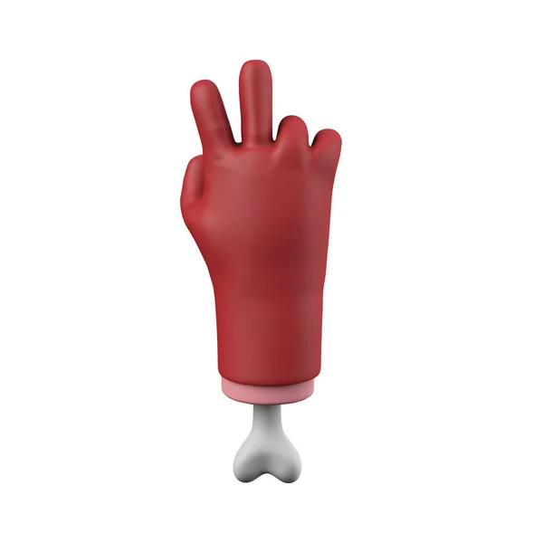 Cartoon κόκκινο διάβολος Απόκριες V πινακίδα κόβεται το χέρι με το κόκκαλο. 3D απόδοση — Φωτογραφία Αρχείου