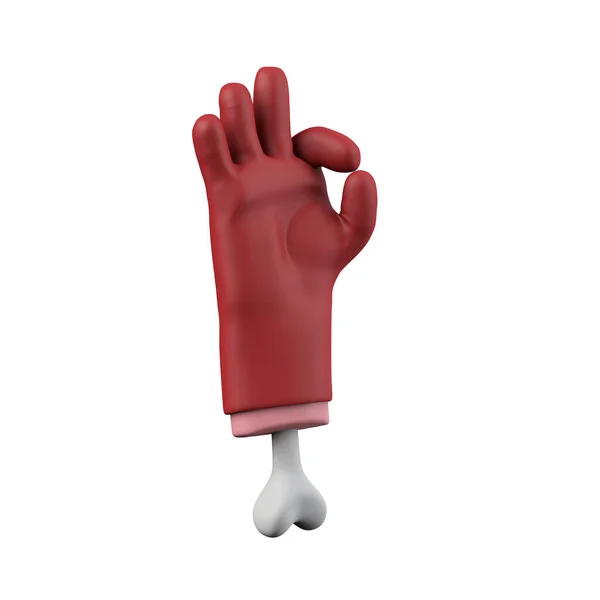 Kreskówkowy czerwony diabeł halloween ok znak odcięty rękę z kości. Renderowanie 3D — Zdjęcie stockowe