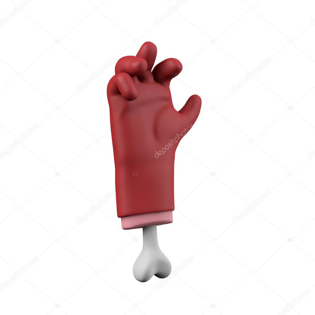 Cartoon red devil halloween grabing chopped off hand with bone. 3D Rendering