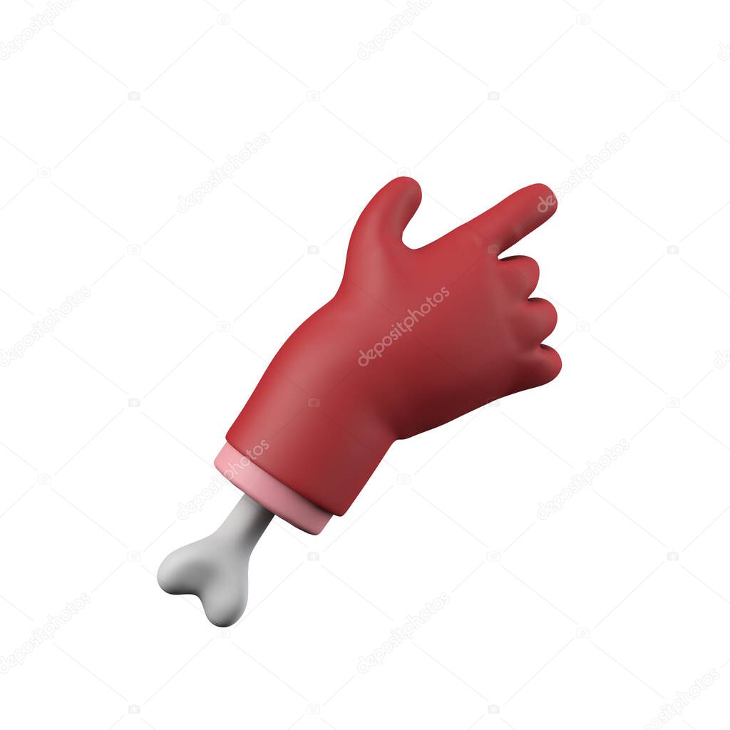 Cartoon red devil halloween pointing chopped off hand with bone. 3D Rendering