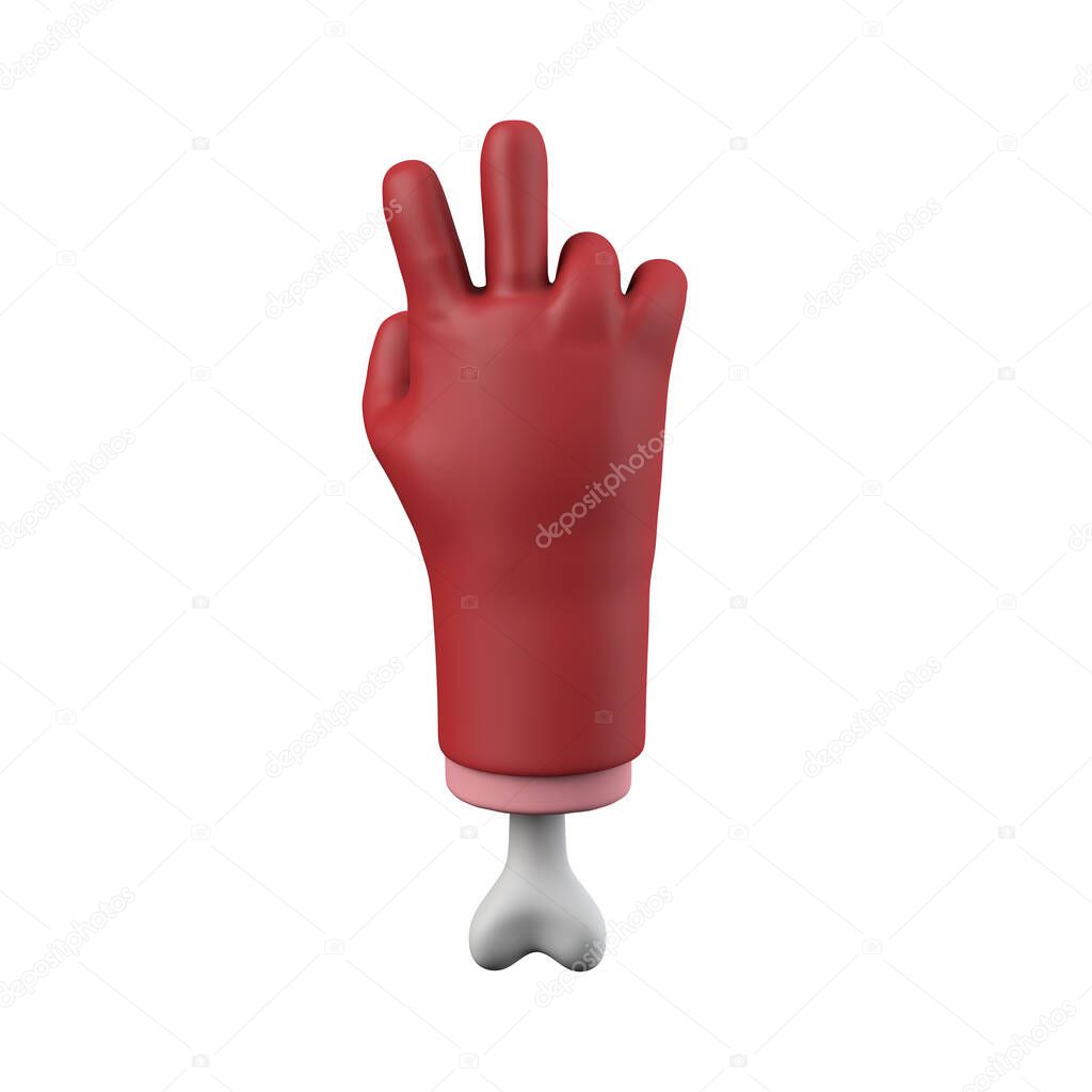 Cartoon red devil halloween V sign chopped off hand with bone. 3D Rendering