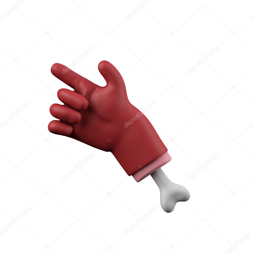 Cartoon red devil halloween pointing chopped off hand with bone. 3D Rendering