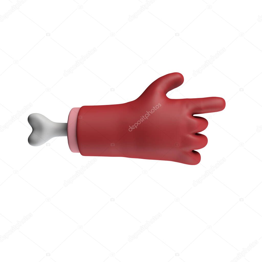 Cartoon red devil halloween pointing chopped off hand with bone. 3D Rendering