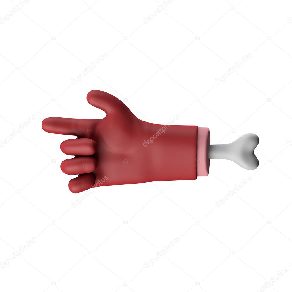 Cartoon red devil halloween pointing chopped off hand with bone. 3D Rendering