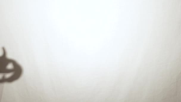 Cadılar Bayramı balkabağı gölge kuklaları beyaz bir çarşafın arkasında sopaların üzerinde — Stok video