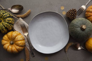Sonbaharda şükran günü yemeğinin yapıldığı yerde kabak kabağı çatal bıçak takımı ve boş bir tabak var.