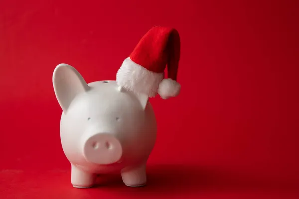 Vánoční spoření, Bílé prasátko bankovní peníze box na sobě červený Santa Claus klobouk — Stock fotografie