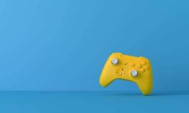 Bright yellow video game controller against a blue background. Gaming concept. 3D Rendering clipart