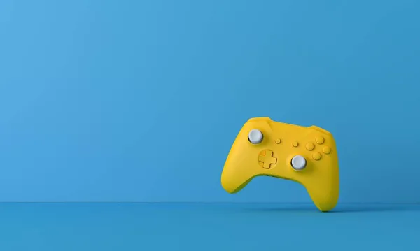 Φωτεινό κίτρινο χειριστήριο βιντεοπαιχνιδιών σε μπλε φόντο. Σχέδιο παιχνιδιού. 3D απόδοση — Φωτογραφία Αρχείου