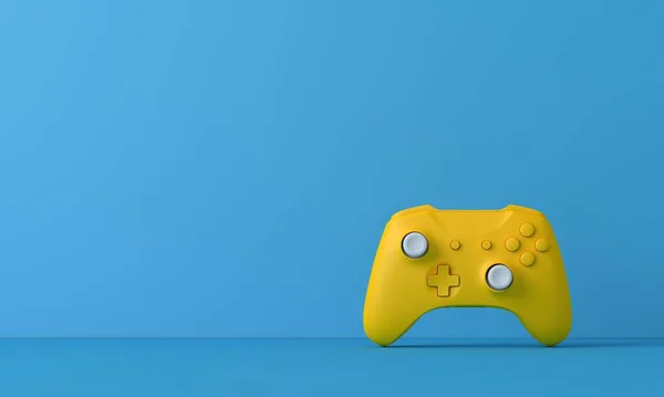 Ярко-желтая видеоигра на синем фоне. Концепция игры. 3D рендеринг — стоковое фото