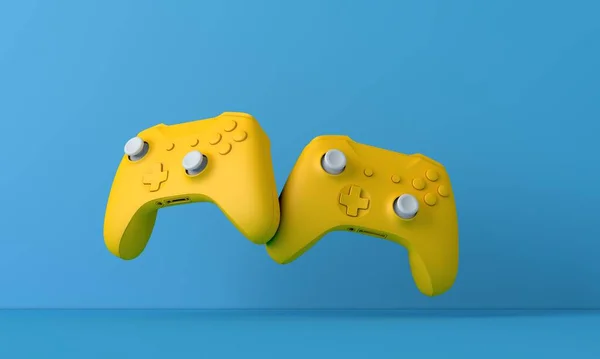 Φωτεινό κίτρινο χειριστήριο βιντεοπαιχνιδιών σε μπλε φόντο. Σχέδιο παιχνιδιού. 3D απόδοση — Φωτογραφία Αρχείου