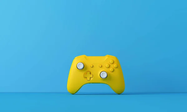 Jasnożółty kontroler gier wideo na niebieskim tle. Koncepcja gry. Renderowanie 3D — Zdjęcie stockowe