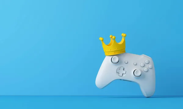 电子游戏之王。戴王冠的游戏控制器赢得游戏玩家的概念。3D渲染 — 图库照片