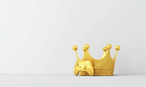 Medalha de ouro de videogame. Controlador de jogo com uma coroa dourada. Renderização 3D — Fotografia de Stock