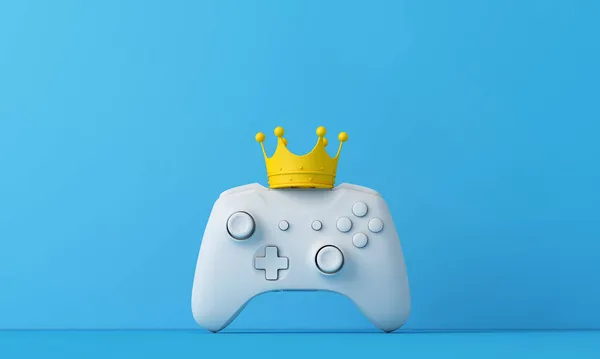 ビデオゲーム王。王冠を身に着けているゲームコントローラー。ゲーマーの概念を獲得。3Dレンダリング — ストック写真