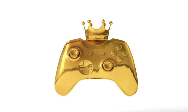 ビデオゲーム金メダルを獲得。黄金の王冠を持つゲームコントローラー。3Dレンダリング — ストック写真