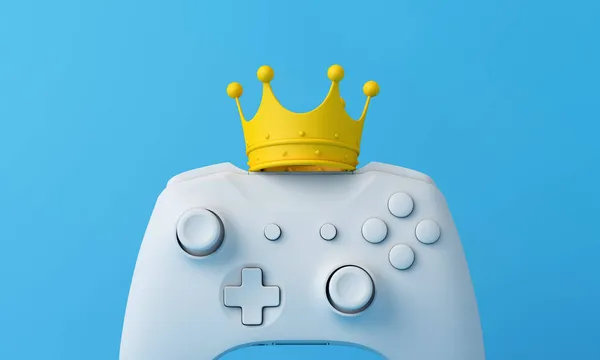 电子游戏之王。戴王冠的游戏控制器赢得游戏玩家的概念。3D渲染 — 图库照片