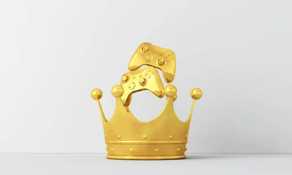 Medalla ganadora de videojuegos de oro. Controlador de juego con corona dorada. Renderizado 3D — Foto de Stock