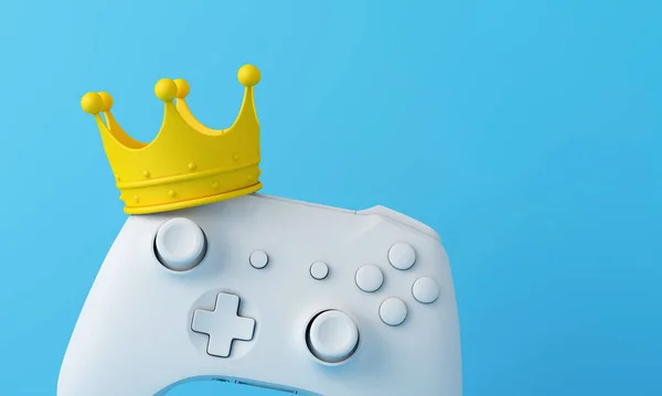 Rey del videojuego. Controlador de juego con corona. Concepto de jugador ganador. Renderizado 3D — Foto de Stock