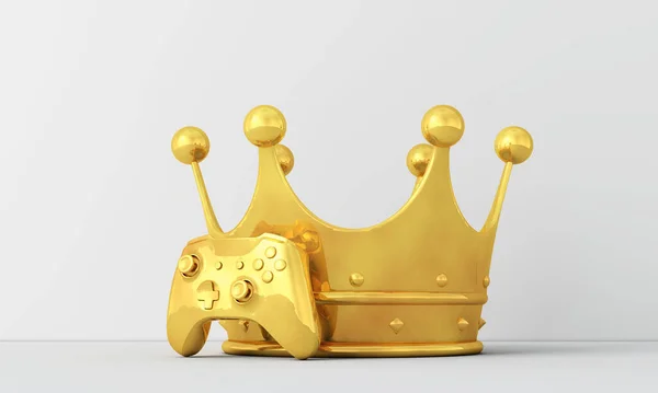Medalla ganadora de videojuegos de oro. Controlador de juego con corona dorada. Renderizado 3D — Foto de Stock