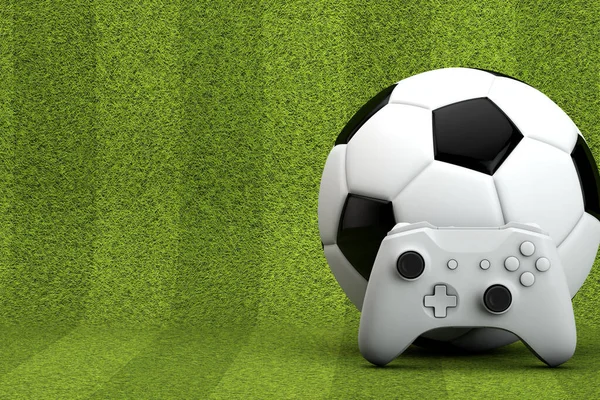 Футбольная игровая площадка. Видеоконтроллер с традиционным футбольным мячом и травяным покрытием. 3D рендеринг — стоковое фото