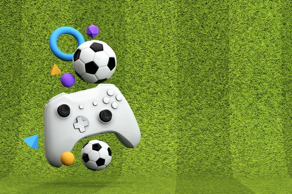 Fondo de juego de fútbol. Controlador de videojuegos con una pelota de fútbol tradicional y campo de hierba. Renderizado 3D —  Fotos de Stock
