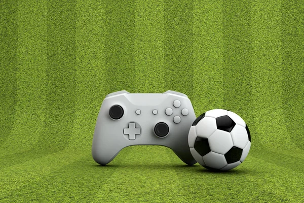 Fondo de juego de fútbol. Controlador de videojuegos con una pelota de fútbol tradicional y campo de hierba. Renderizado 3D —  Fotos de Stock