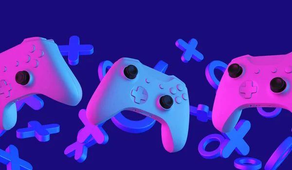 Контроллер видеоигр и абстрактные формы с неоновым стилизованным освещением. Концепция игры. 3D рендеринг — стоковое фото