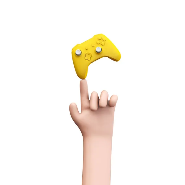 Руки в стиле мультфильма, держащие в руках видеоигру. 3D рендеринг — стоковое фото