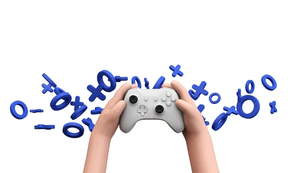 Руки в стиле мультфильма, держащие в руках видеоигру. 3D рендеринг — стоковое фото