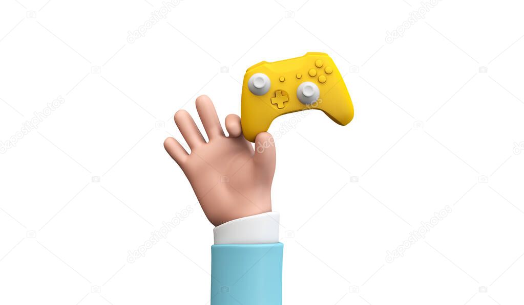 Cartoon style hands holding a video game controller. 3D Rendering