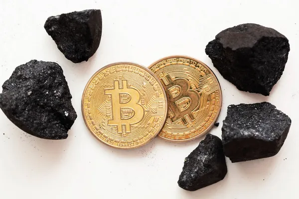 Concepto minero Bitcoin. Moneda de oro bitcoin criptomoneda con terrones de carbón —  Fotos de Stock