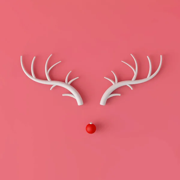 Cara de renos de Navidad mínima abstracta hecha con astas y una nariz de decoración de chucherías. Renderizado 3D —  Fotos de Stock