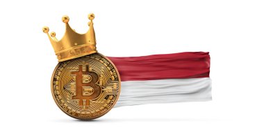 Altın kaplama ve Endonezya bayrağıyla Bitcoin. Kripto para kralı konsepti. 3B Hazırlama