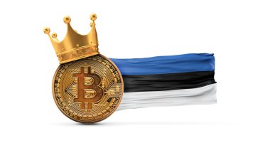 Altın kaplama ve Estonya bayrağıyla Bitcoin. Kripto para kralı konsepti. 3B Hazırlama