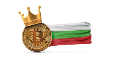 Altın kaplama Bitcoin ve Bulgaristan bayrağı. Kripto para kralı konsepti. 3B Hazırlama