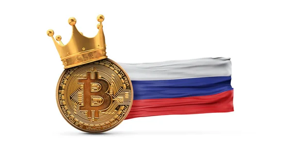 Bitcoin with gold crown and Russia flag. Cryptocurrency king concept. 3D Rendering — Stock Photo, Image