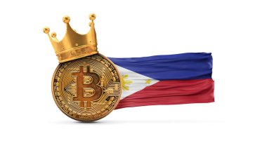 Altın kaplama ve Filipinler bayraklı Bitcoin. Kripto para kralı konsepti. 3B Hazırlama
