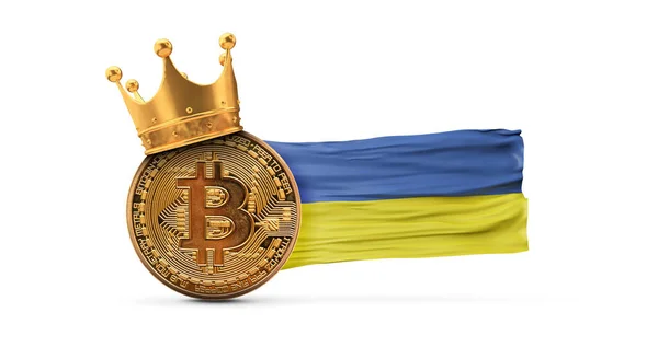 Bitcoin with gold crown and Ukraine flag. Cryptocurrency king concept. 3D Rendering — Stock Photo, Image