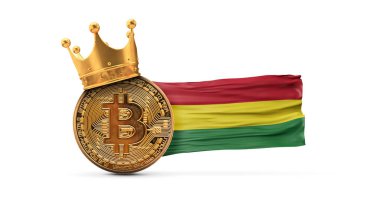 Altın kaplama ve Bolivya bayrağıyla Bitcoin. Kripto para kralı konsepti. 3B Hazırlama