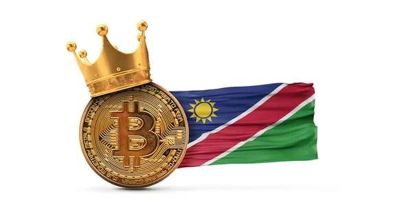 Bitcoin com coroa de ouro e bandeira da Namíbia. Criptomoeda conceito rei. Renderização 3D — Fotografia de Stock