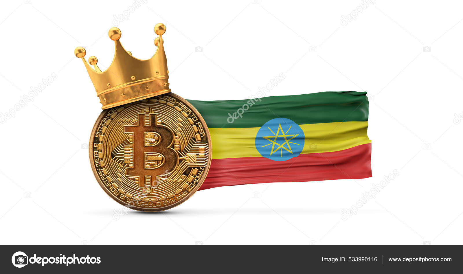 Bitcoin with gold crown and Ethiopia flag. Cryptocurrency king concept. 3D  Rendering — Stock Editorial Photo © InkDropCreative #533990116