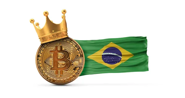 Bitcoin com coroa de ouro e bandeira do Brasil. Criptomoeda conceito rei. Renderização 3D — Fotografia de Stock