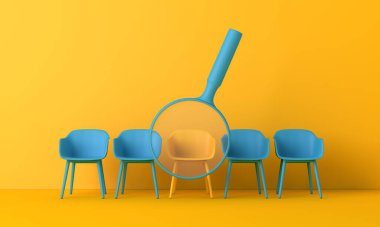 Yeni bir iş fırsatı arıyorum. Ofis sandalyesi ve büyüteç. İşe alım konsepti. 3B Hazırlama