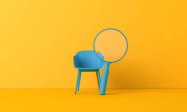 Searching for a new job opportunity. Office chair with magnifying glass. Recruitment concept. 3D Render — Foto Stock