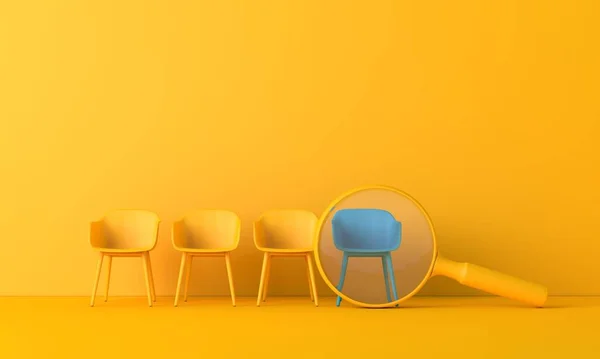 Új munkalehetőséget keresek. Irodai szék nagyítóval. Toborzási koncepció. 3D Render — Stock Fotó