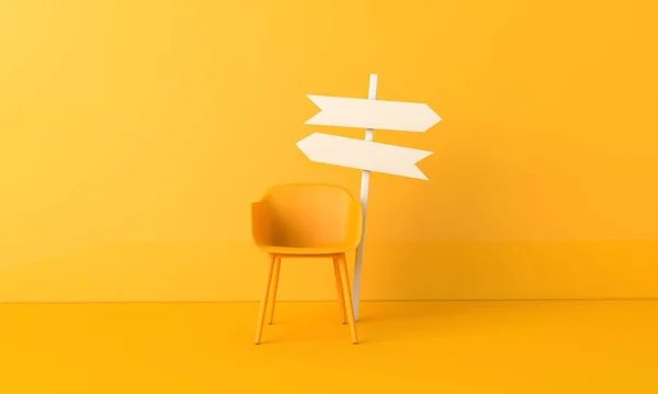 Office chair with blank direction sign post arrow. Career change and development concept. 3D Rendering — 스톡 사진