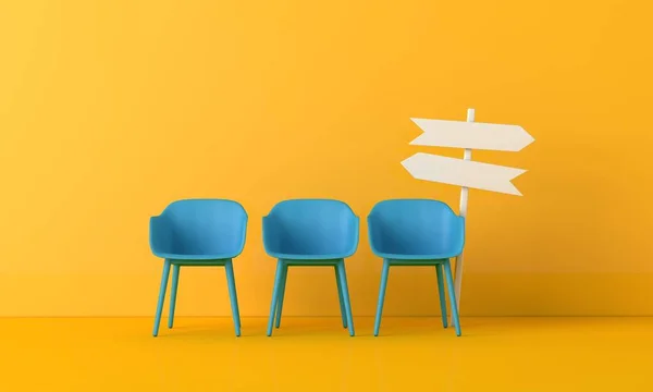 Office chair with blank direction sign post arrow. Career change and development concept. 3D Rendering — Stock fotografie